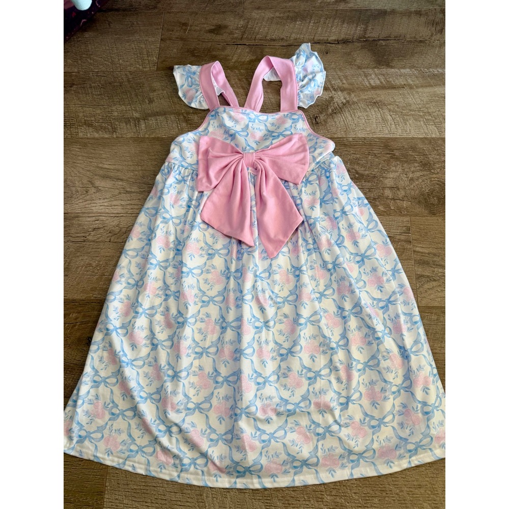 Abby & Evie Girls Floral Bow Dress Blue Pink Ribbon Rose Flutter Sleeve Size 8